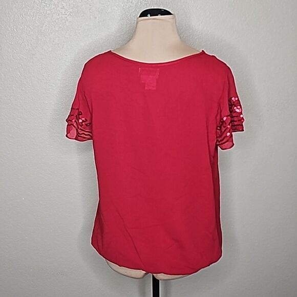 MSSP Red Sequin Blouson Flutter Sleeve top Large - Picture 5 of 8